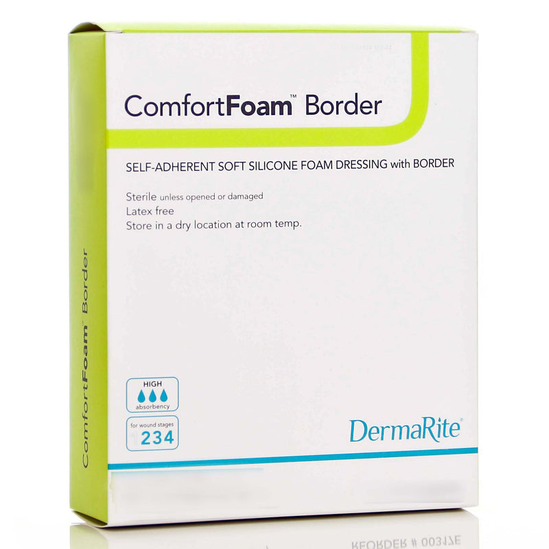 ComfortFoam Border Silicone Adhesive with Border Silicone Foam Dressing, 7-1/5 x 7-1/5 Inch, DermaRite Industries 43880, 5 Count
