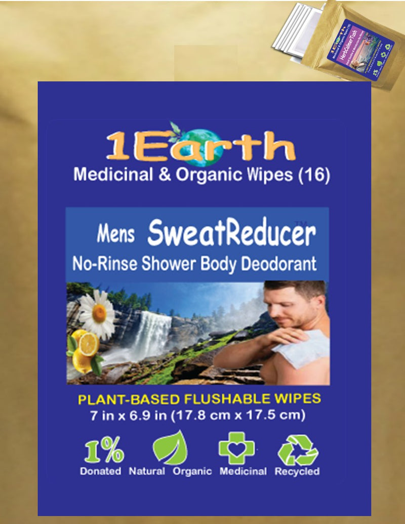 Medicinal Wipes, Mens SweatReducer, 1Earth, Case of 6 Packs of 16 (96 Wipes)