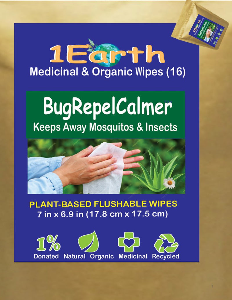 Medicinal Wipes, BugRepelCalmer, 1Earth, Case of 6 Packs of 16 (96 Wipes)