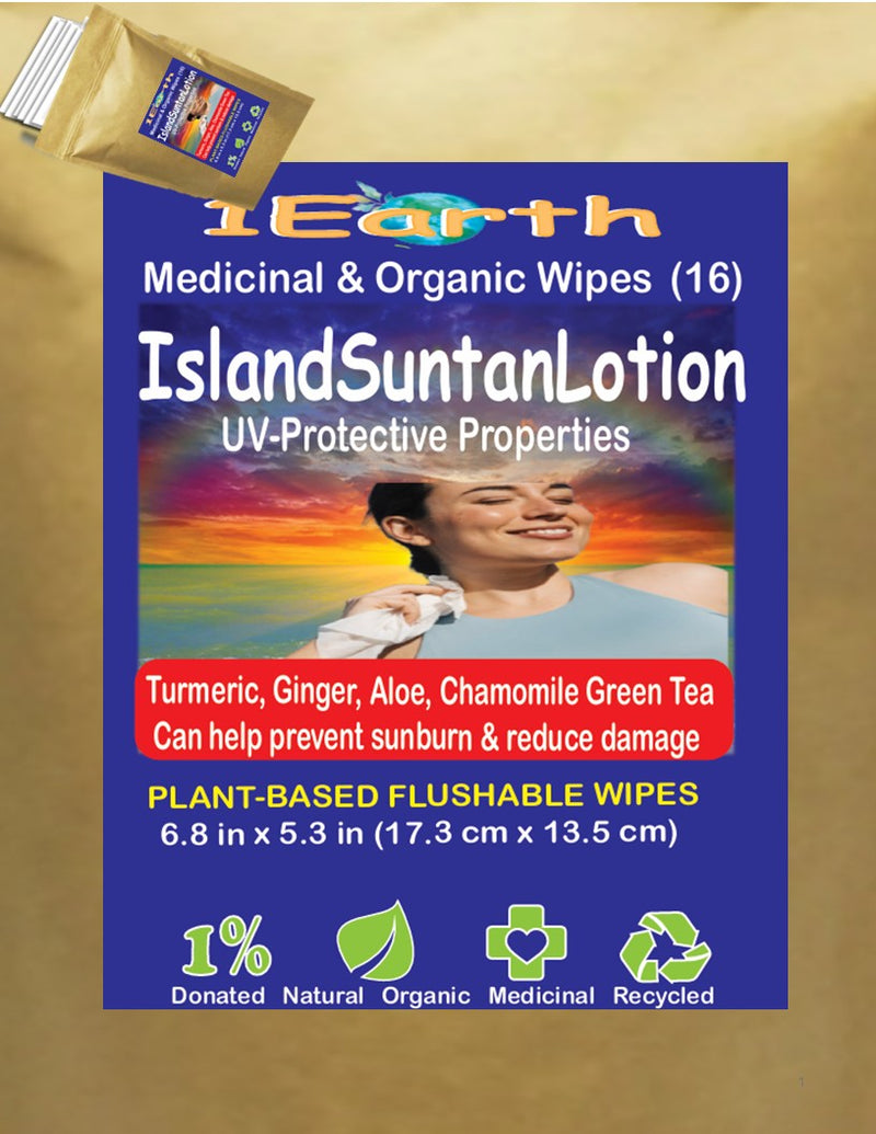 Medicinal Wipes, IslandSuntanLotion, 1Earth, Case of 6 Packs of 16 (96 Wipes)