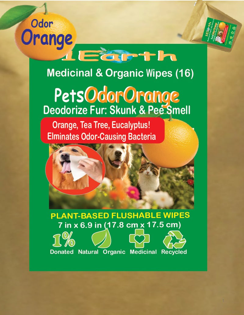 Medicinal Wipes, PetsOdorOrange, 1Earth, Pack of 16