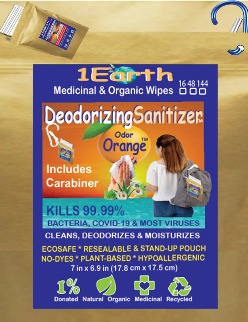 Medicinal Wipes with Carabiner, DeodorizingSanitizer, 1Earth, Case of 6 Packs of 16 Wipes and Carabiner (96 Wipes and 6 Carabiners)
