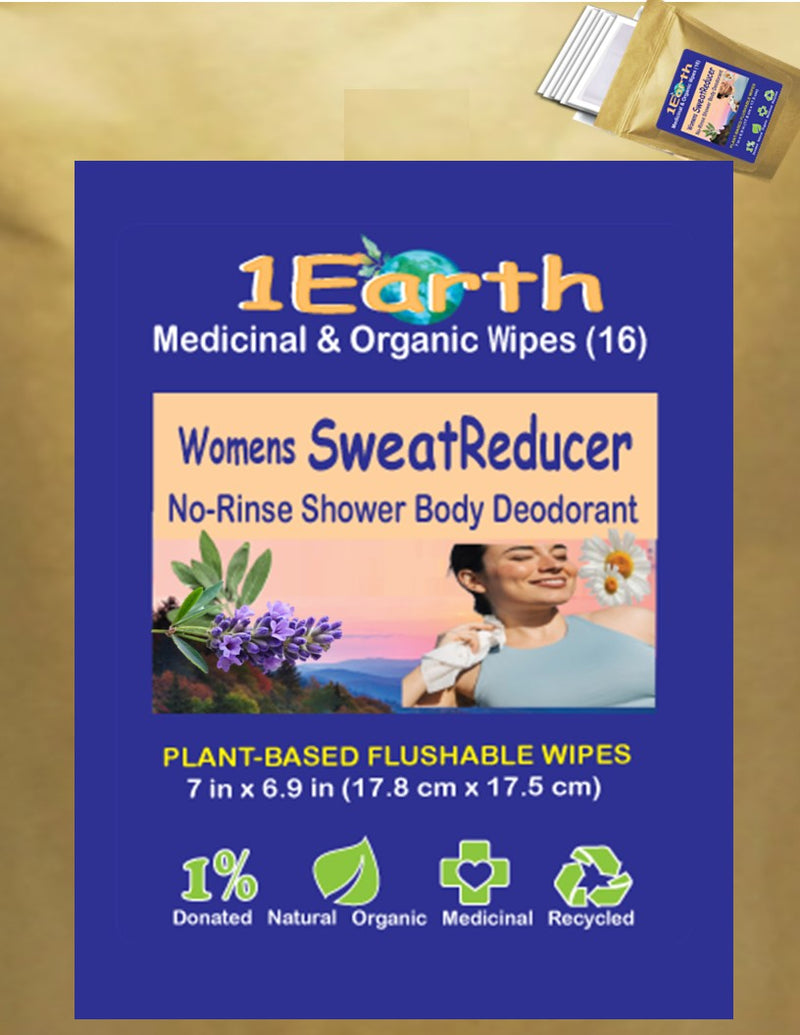 Medicinal Wipes, Womens SweatReducer, 1Earth, Case of 6 Packs of 16 (96 Wipes)