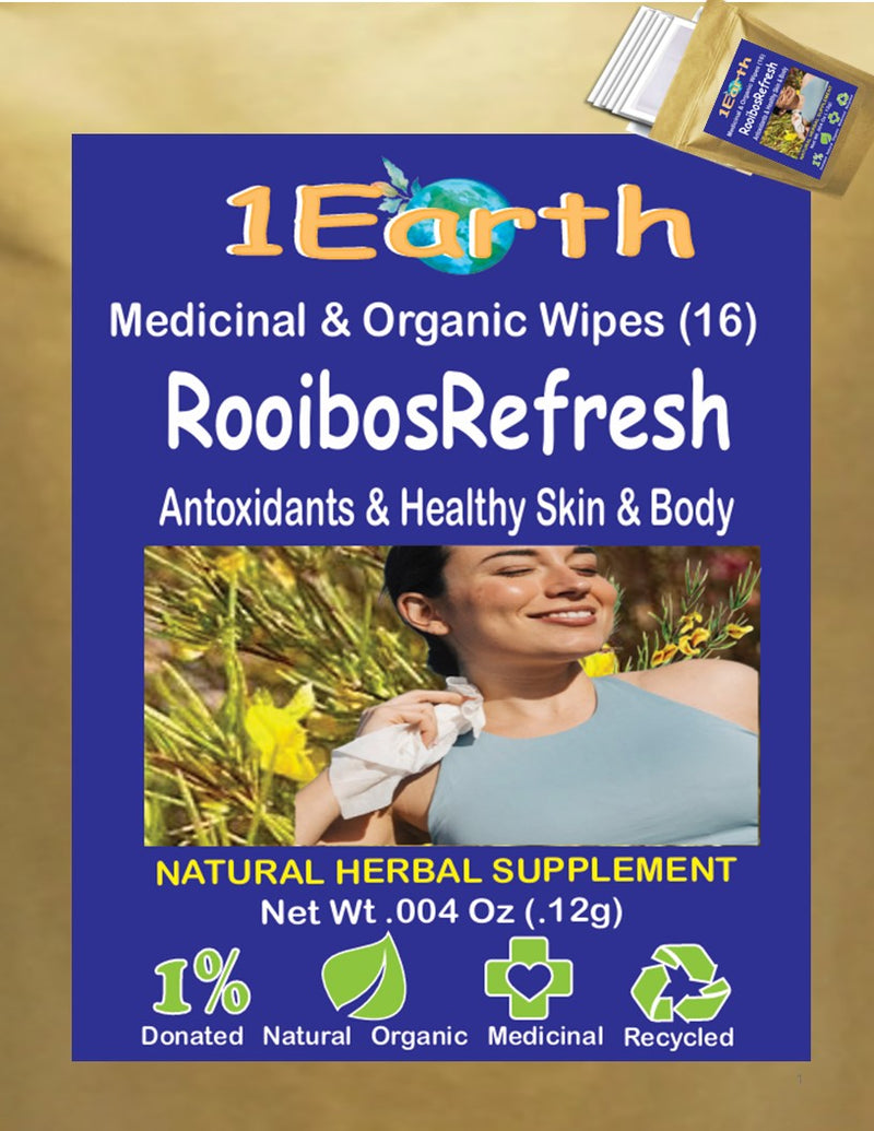 Medicinal Wipes, RooibosRefresh, 1Earth, Case of 6 Packs of 16 (96 Wipes)