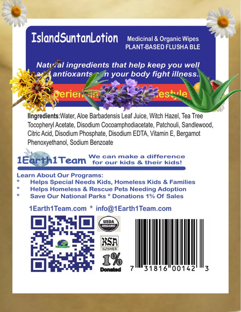 Medicinal Wipes, IslandSuntanLotion, 1Earth, Case of 6 Packs of 16 (96 Wipes)