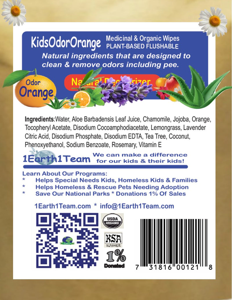 Medicinal Wipes, KidsOdorOrange, 1Earth, Pack of 16