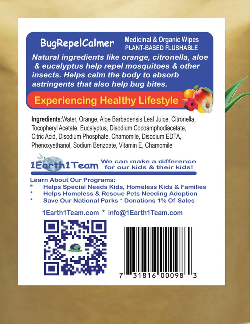 Medicinal Wipes, BugRepelCalmer, 1Earth, Case of 6 Packs of 16 (96 Wipes)