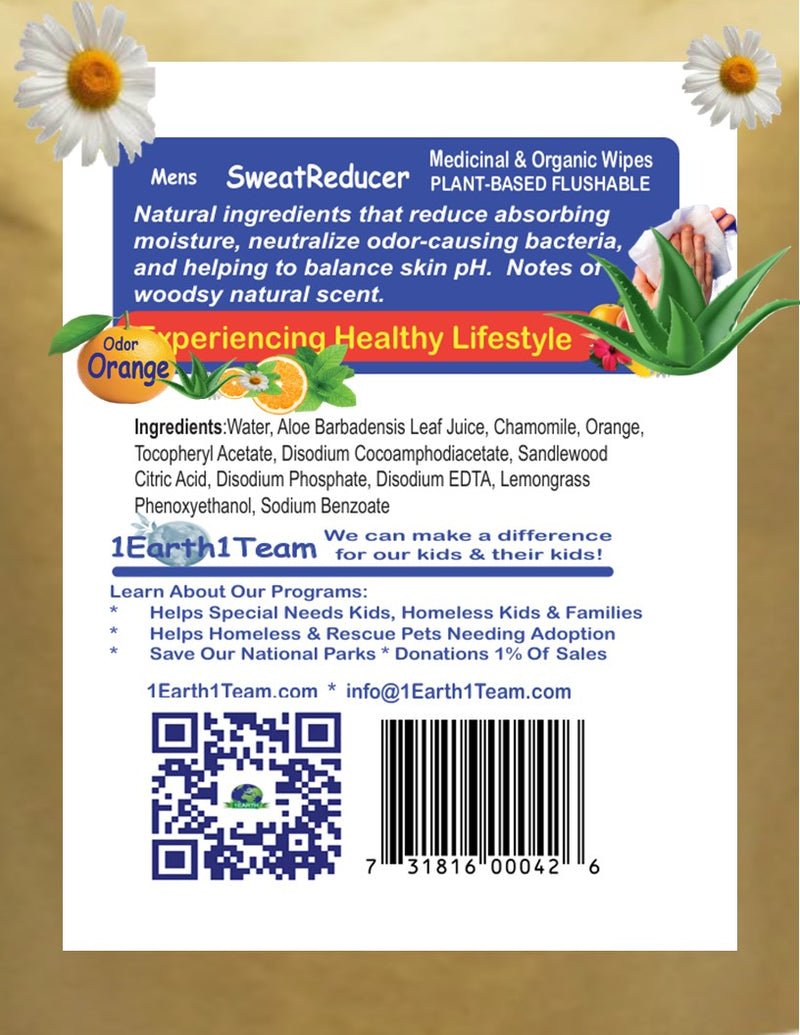 Medicinal Wipes, Mens SweatReducer, 1Earth, Case of 6 Packs of 16 (96 Wipes)
