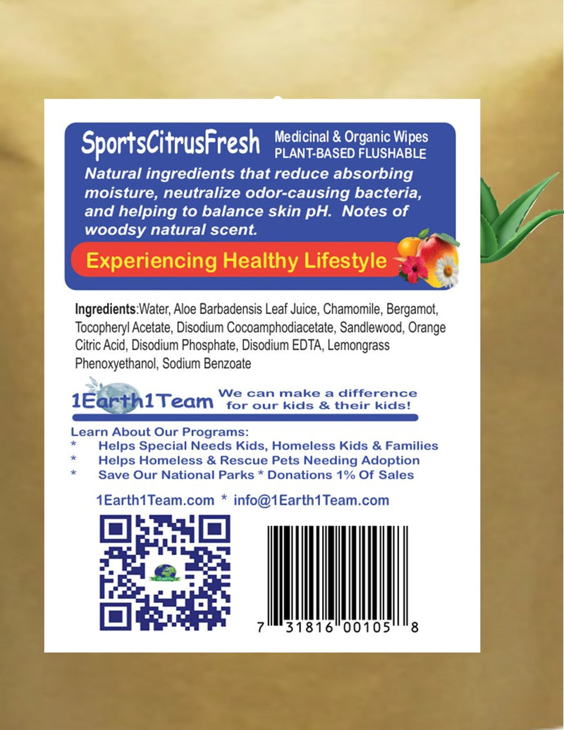 Medicinal Wipes, SportsCitrusFresh, 1Earth, Pack of 16