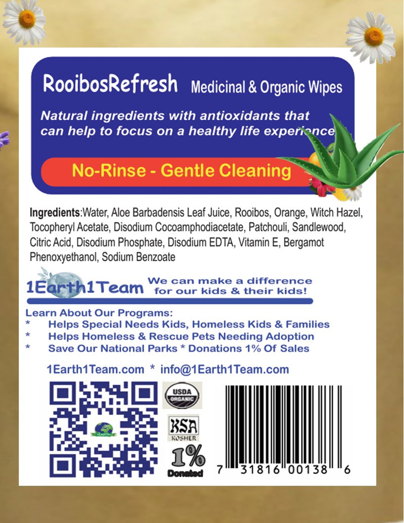 Medicinal Wipes, RooibosRefresh, 1Earth, Case of 6 Packs of 16 (96 Wipes)