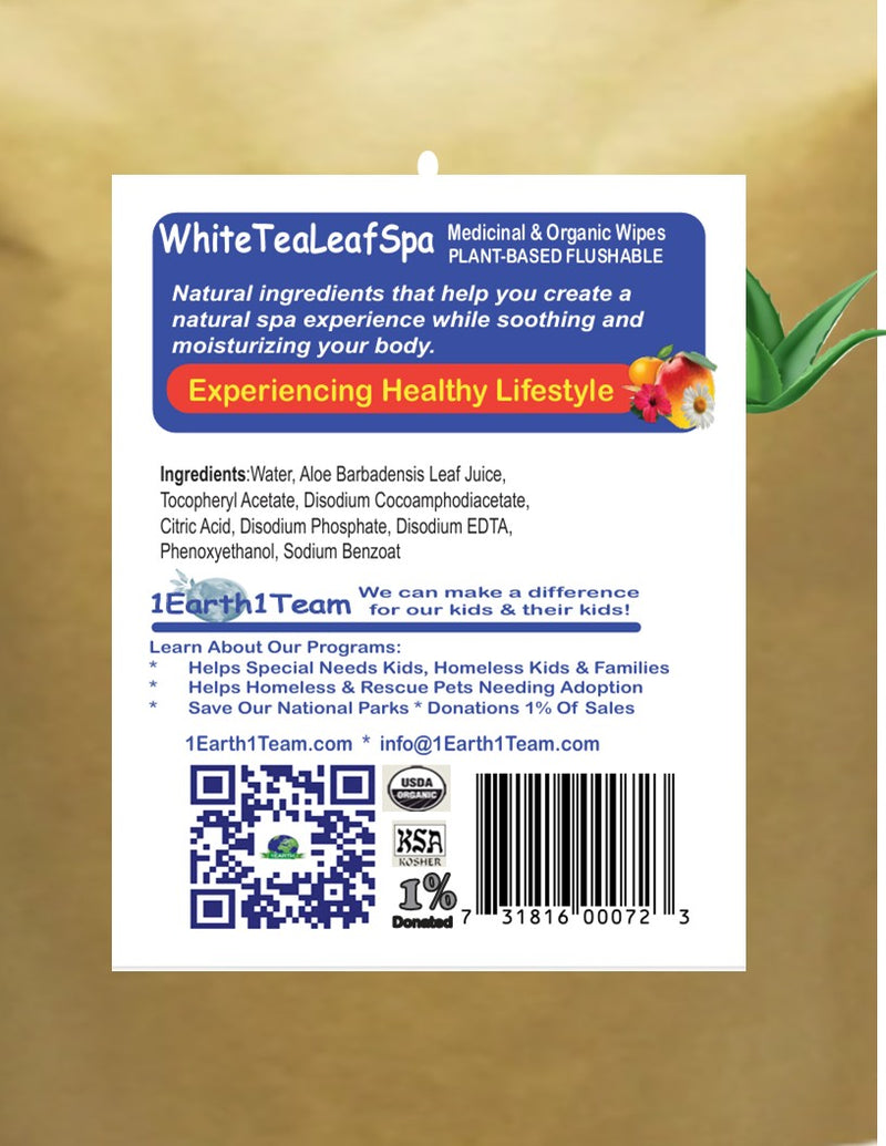 Medicinal Wipes, WhiteTeaLeafSpa, 1Earth, Case of 6 Packs of 16 (96 Wipes)