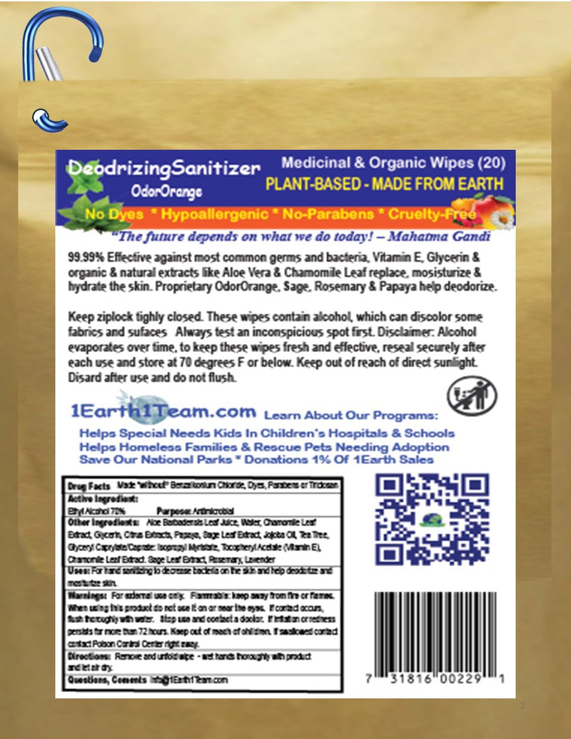 Medicinal Wipes with Carabiner, DeodorizingSanitizer, 1Earth, Case of 6 Packs of 16 Wipes and Carabiner (96 Wipes and 6 Carabiners)