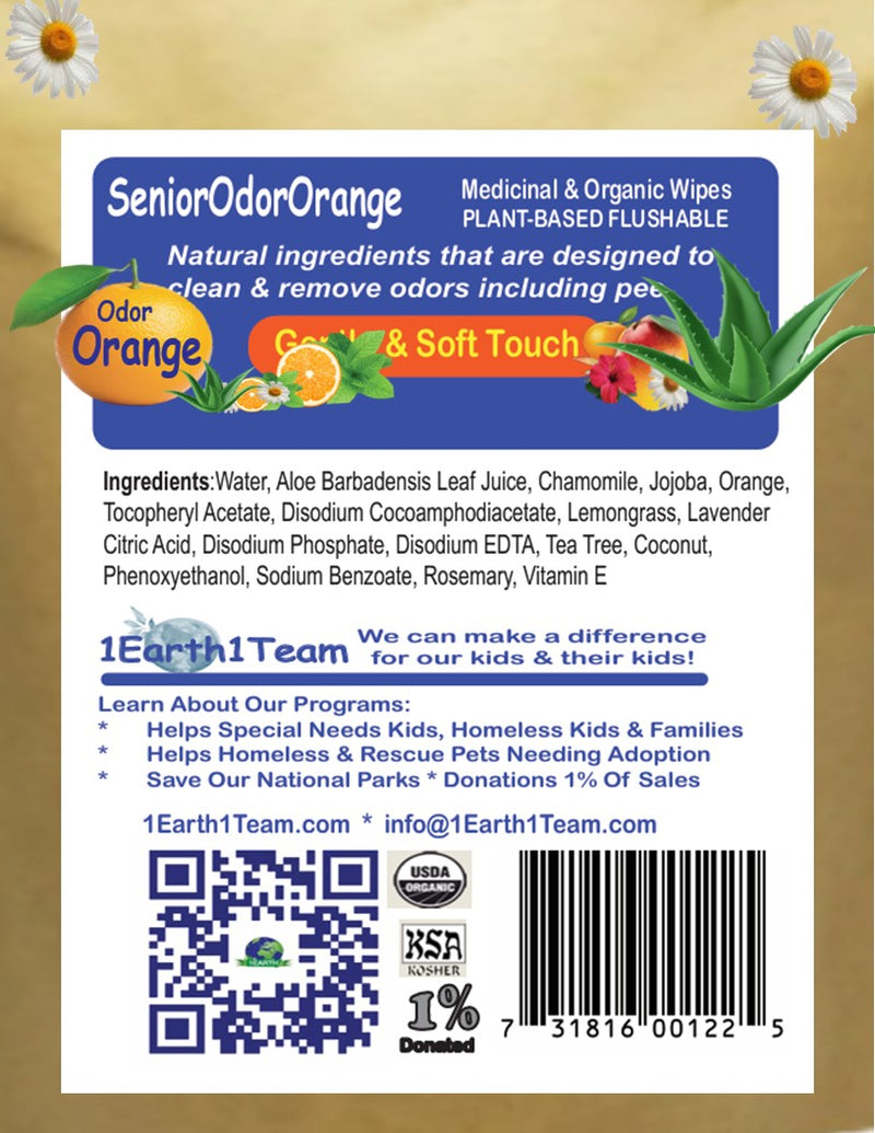 Medicinal Wipes, SeniorOdorOrange, 1Earth, Case of 6 Packs of 16 (96 Wipes)