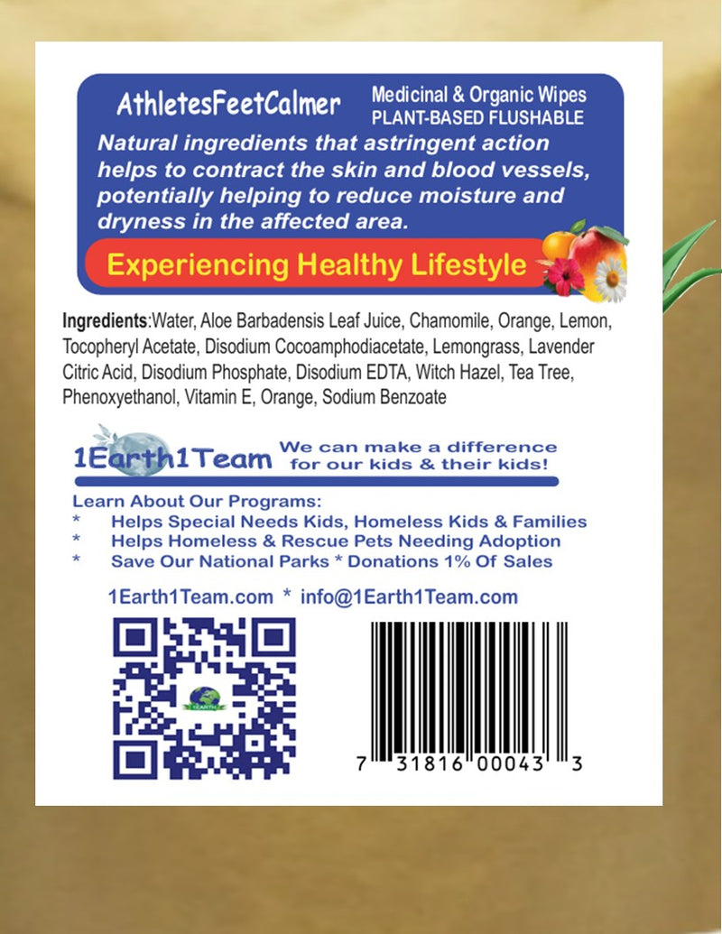 Medicinal Wipes, AthletesFeetCalmer, 1Earth, Pack of 16