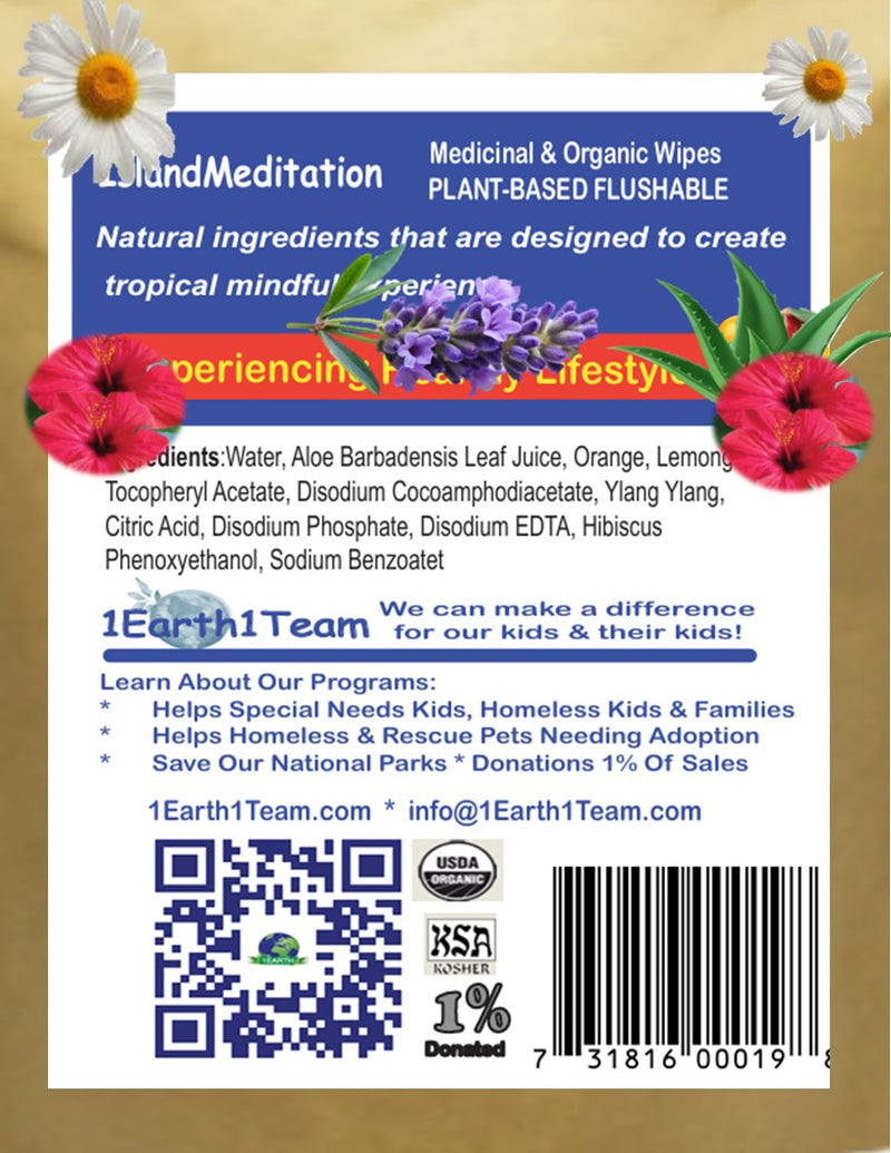 Medicinal Wipes, IslandMeditation, 1Earth, Case of 6 Packs of 16 (96 Wipes)