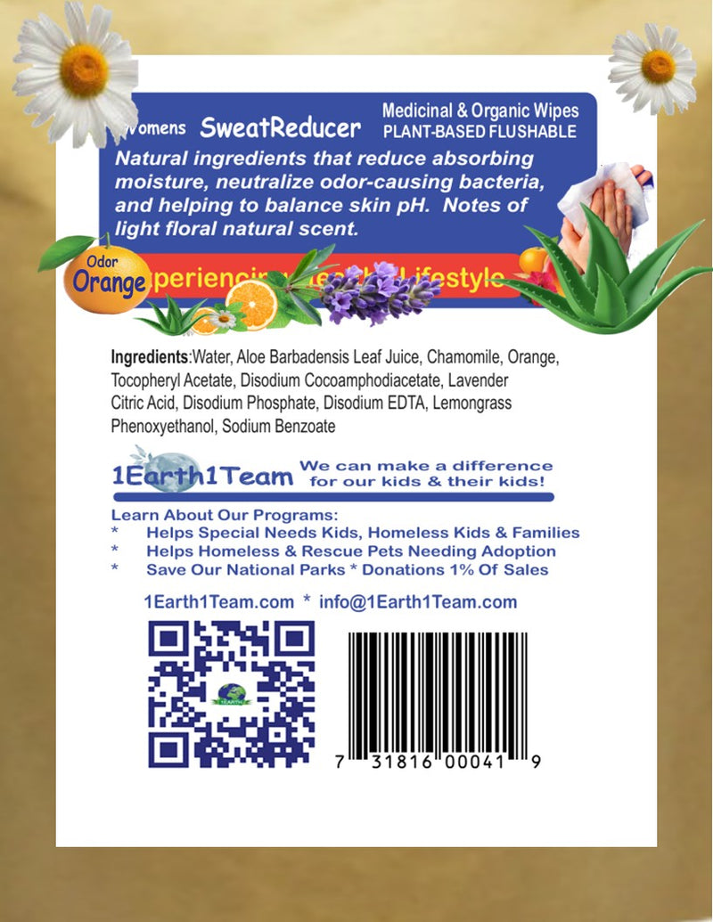 Medicinal Wipes, Womens SweatReducer, 1Earth, Case of 6 Packs of 16 (96 Wipes)