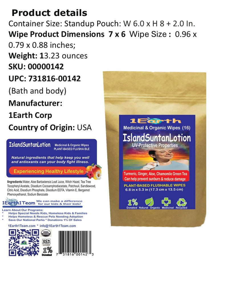 Medicinal Wipes, IslandSuntanLotion, 1Earth, Case of 6 Packs of 16 (96 Wipes)