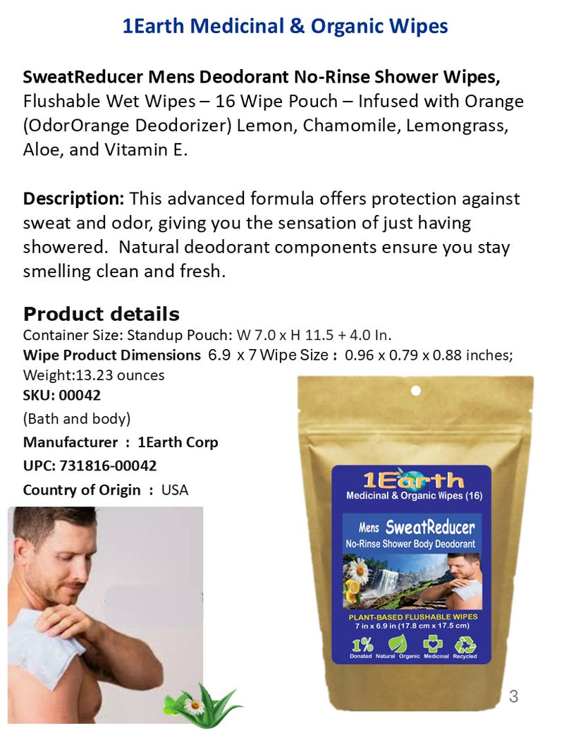 Medicinal Wipes, Mens SweatReducer, 1Earth, Case of 6 Packs of 16 (96 Wipes)
