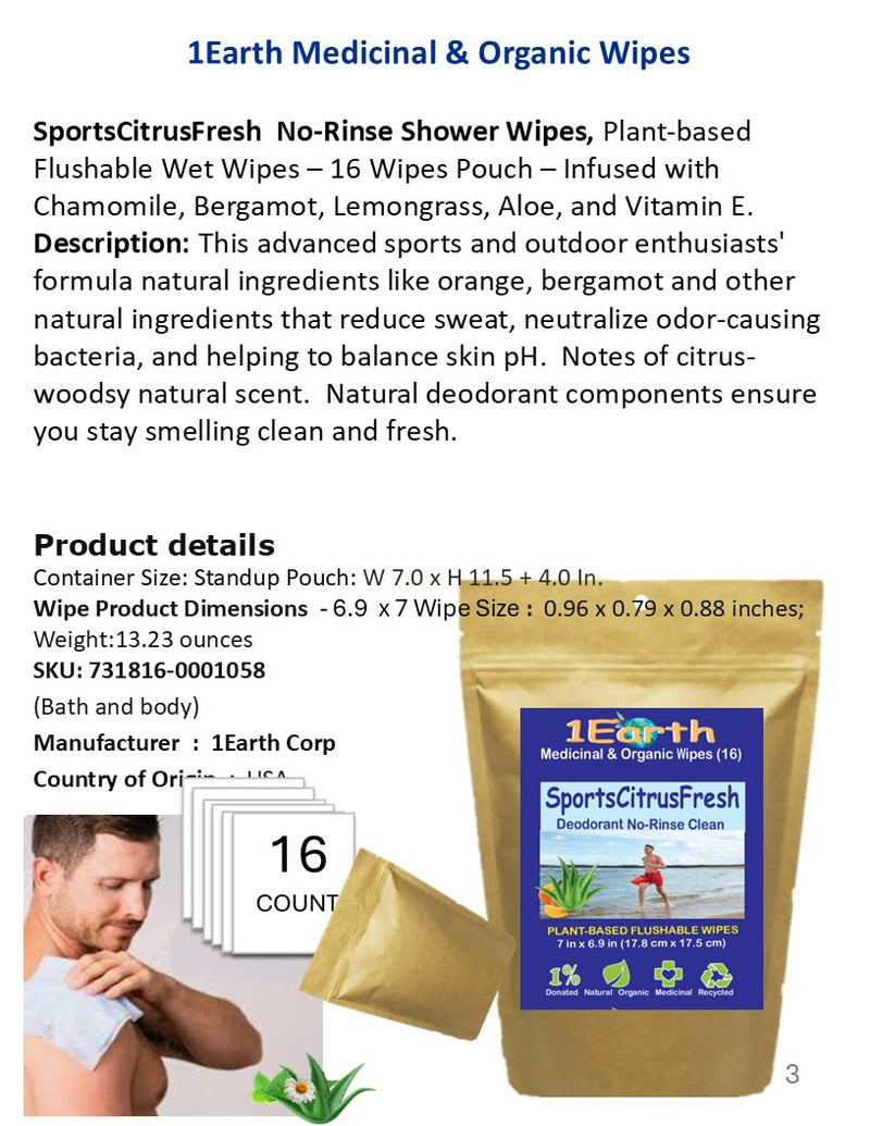 Medicinal Wipes, SportsCitrusFresh, 1Earth, Pack of 16