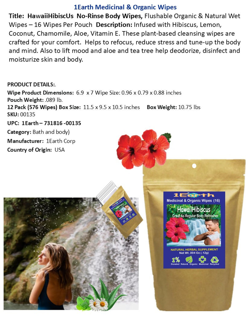 Medicinal Wipes, HawaiiHibiscus, 1Earth, Pack of 16