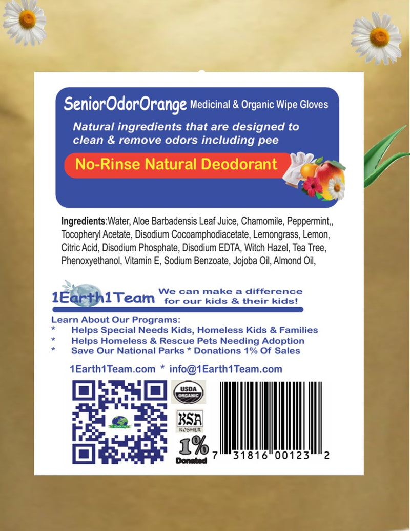 Medicinal Wipe Gloves, SeniorOdorOrange, 1Earth, Case of 6 Packs of 2 (12 Wipe Gloves)