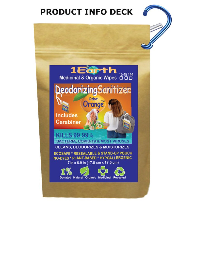 Medicinal Wipes with Carabiner, DeodorizingSanitizer, 1Earth, Case of 6 Packs of 16 Wipes and Carabiner (96 Wipes and 6 Carabiners)
