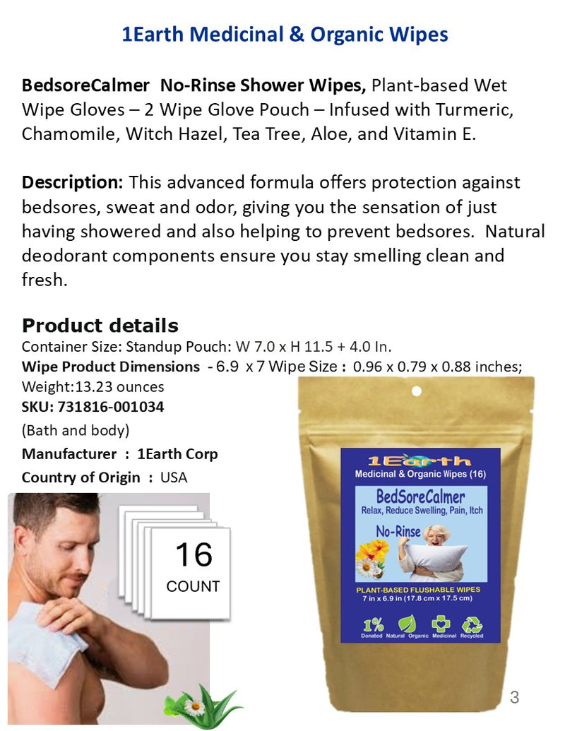 Medicinal Wipes, BedSoreCalmer, 1Earth, Pack of 16