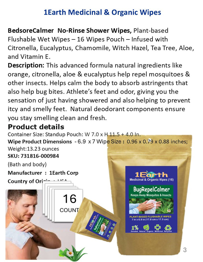 Medicinal Wipes, BugRepelCalmer, 1Earth, Case of 6 Packs of 16 (96 Wipes)