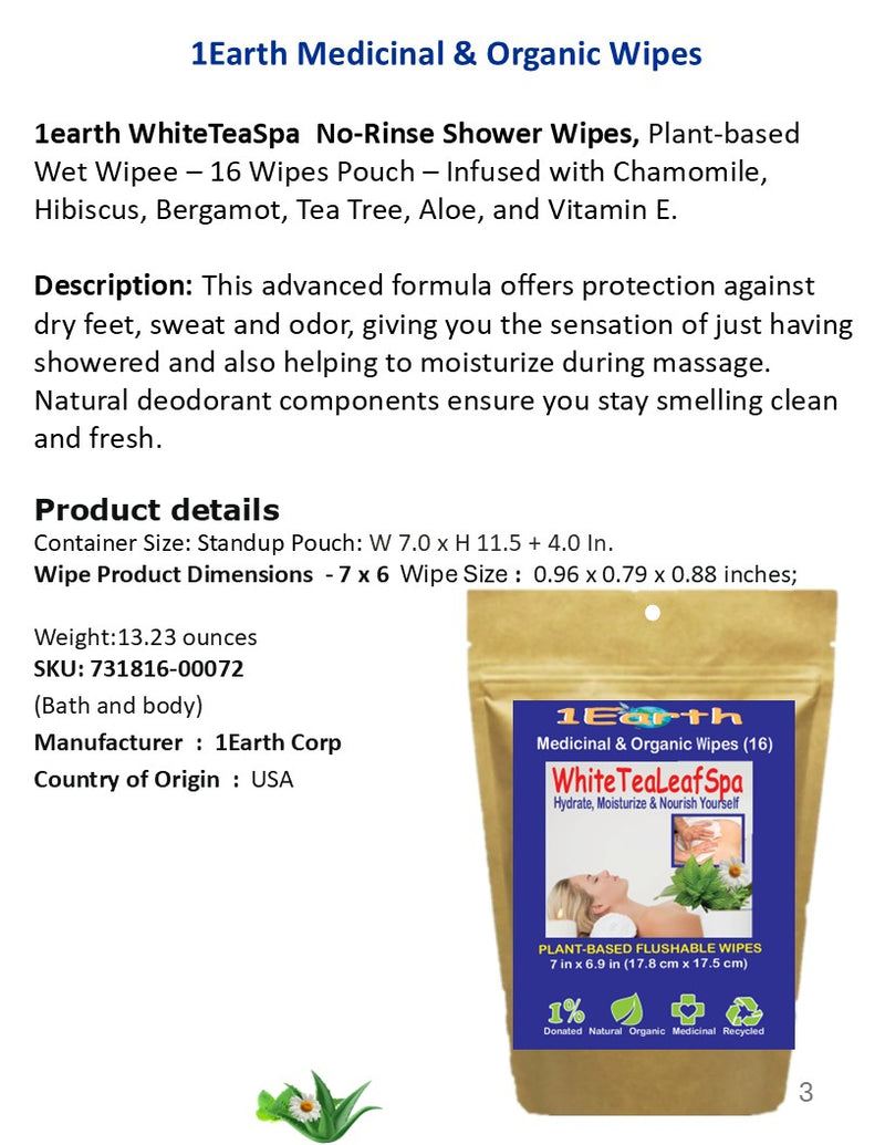 Medicinal Wipes, WhiteTeaLeafSpa, 1Earth, Case of 6 Packs of 16 (96 Wipes)