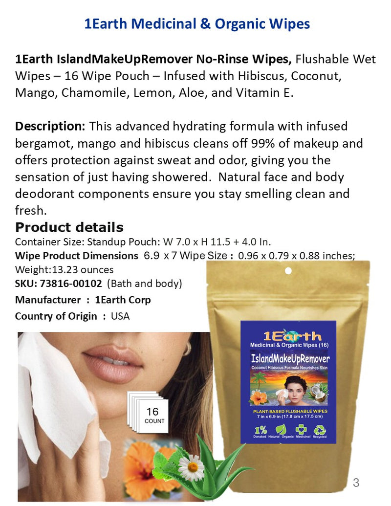 Medicinal Wipes, IslandMakeUpRemover, 1Earth, Pack of 16