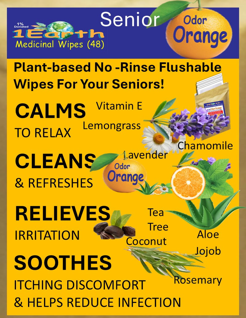 Medicinal Wipes, SeniorOdorOrange, 1Earth, Case of 6 Packs of 16 (96 Wipes)