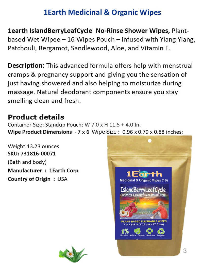 Medicinal Wipes, IslandBerryLeafCycle, 1Earth, Case of 6 Packs of 16 (96 Wipes)
