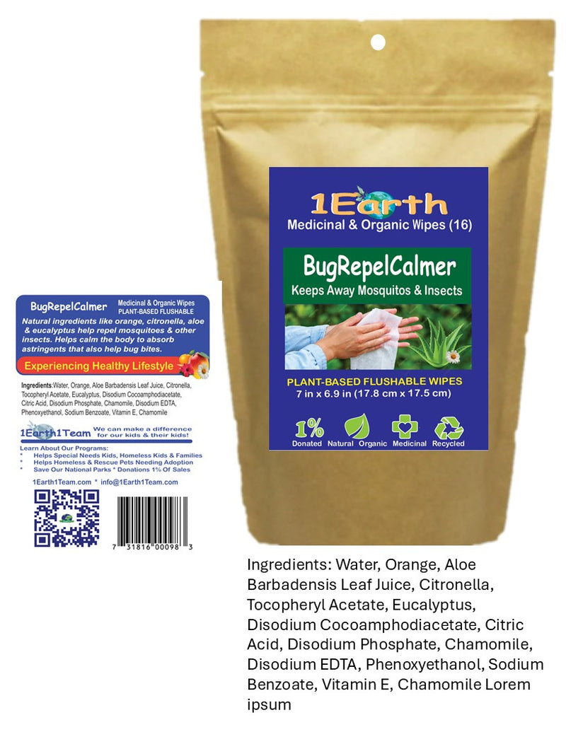 Medicinal Wipes, BugRepelCalmer, 1Earth, Case of 6 Packs of 16 (96 Wipes)