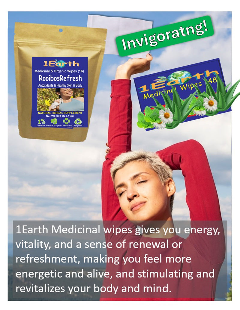 Medicinal Wipes, RooibosRefresh, 1Earth, Case of 6 Packs of 16 (96 Wipes)