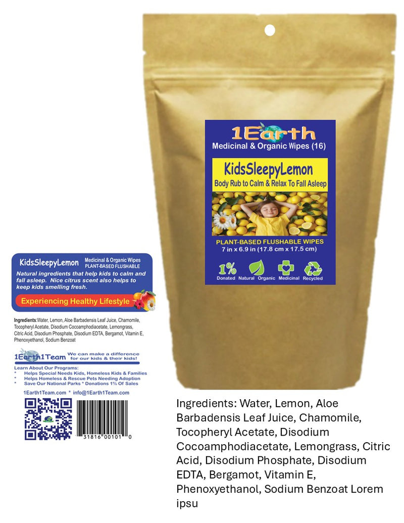 Medicinal Wipes, KidsSleepyLemon, 1Earth, Case of 6 Packs of 16 (96 Wipes)