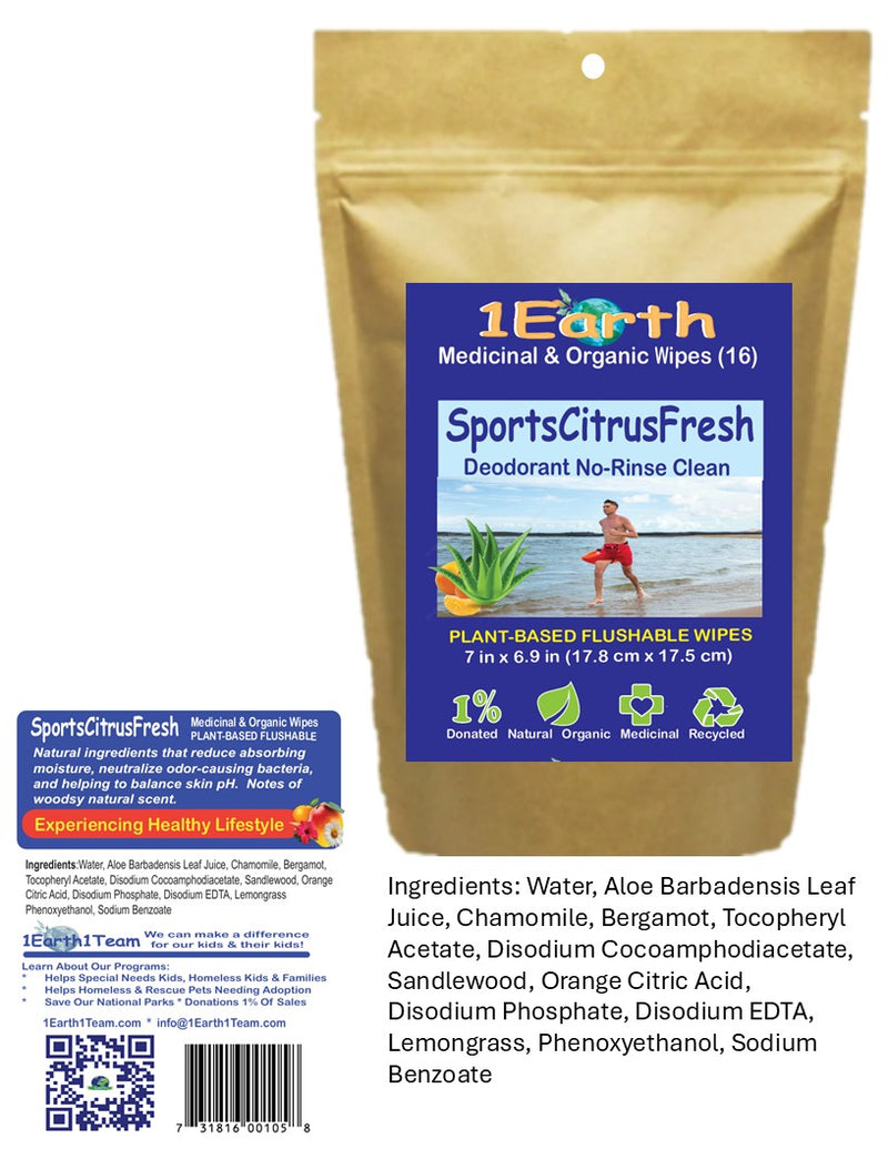 Medicinal Wipes, SportsCitrusFresh, 1Earth, Pack of 16