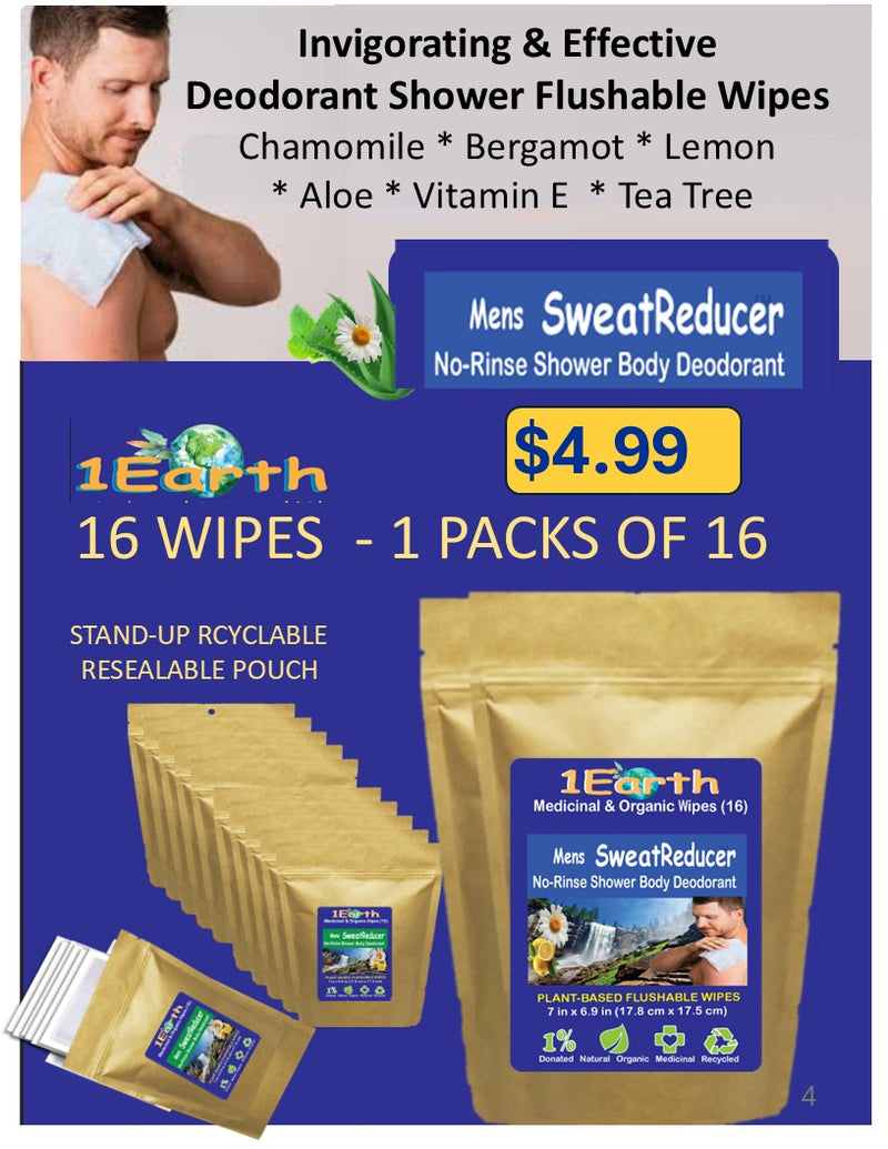 Medicinal Wipes, Mens SweatReducer, 1Earth, Case of 6 Packs of 16 (96 Wipes)