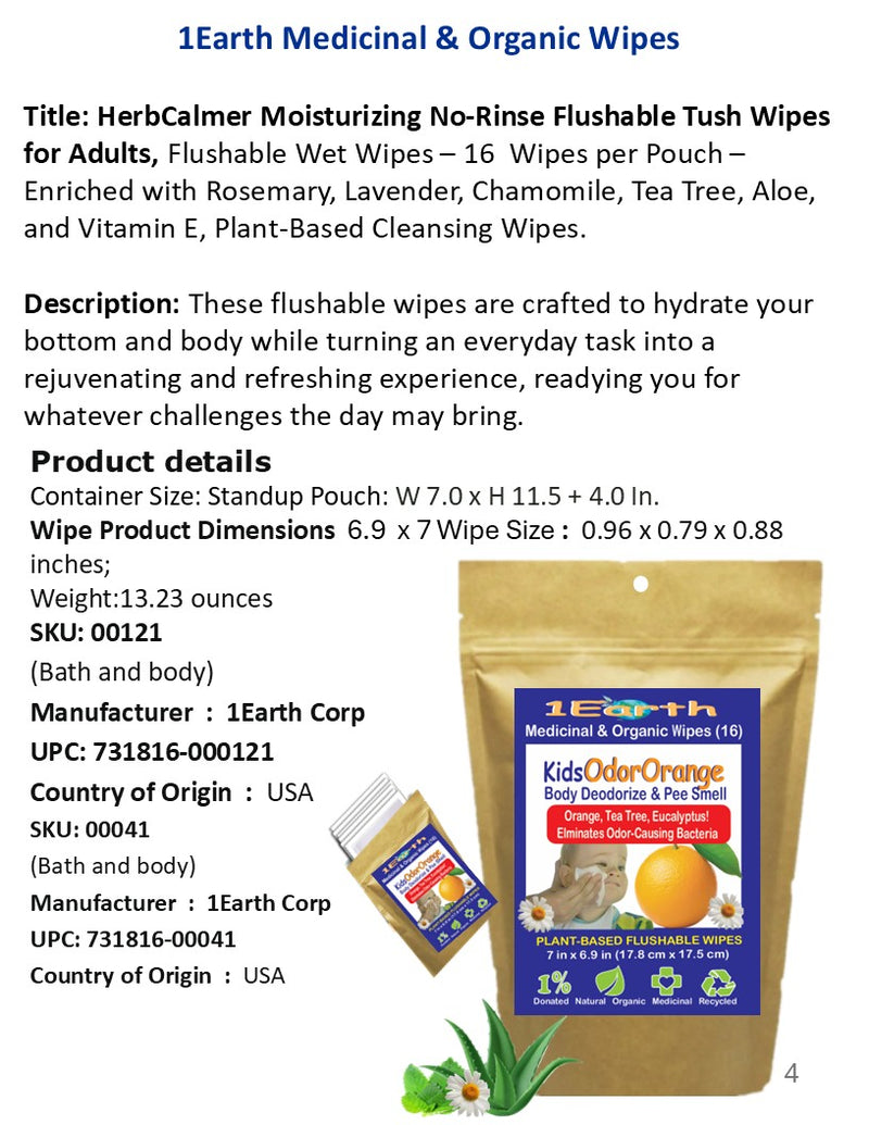 Medicinal Wipes, SeniorOdorOrange, 1Earth, Case of 6 Packs of 16 (96 Wipes)