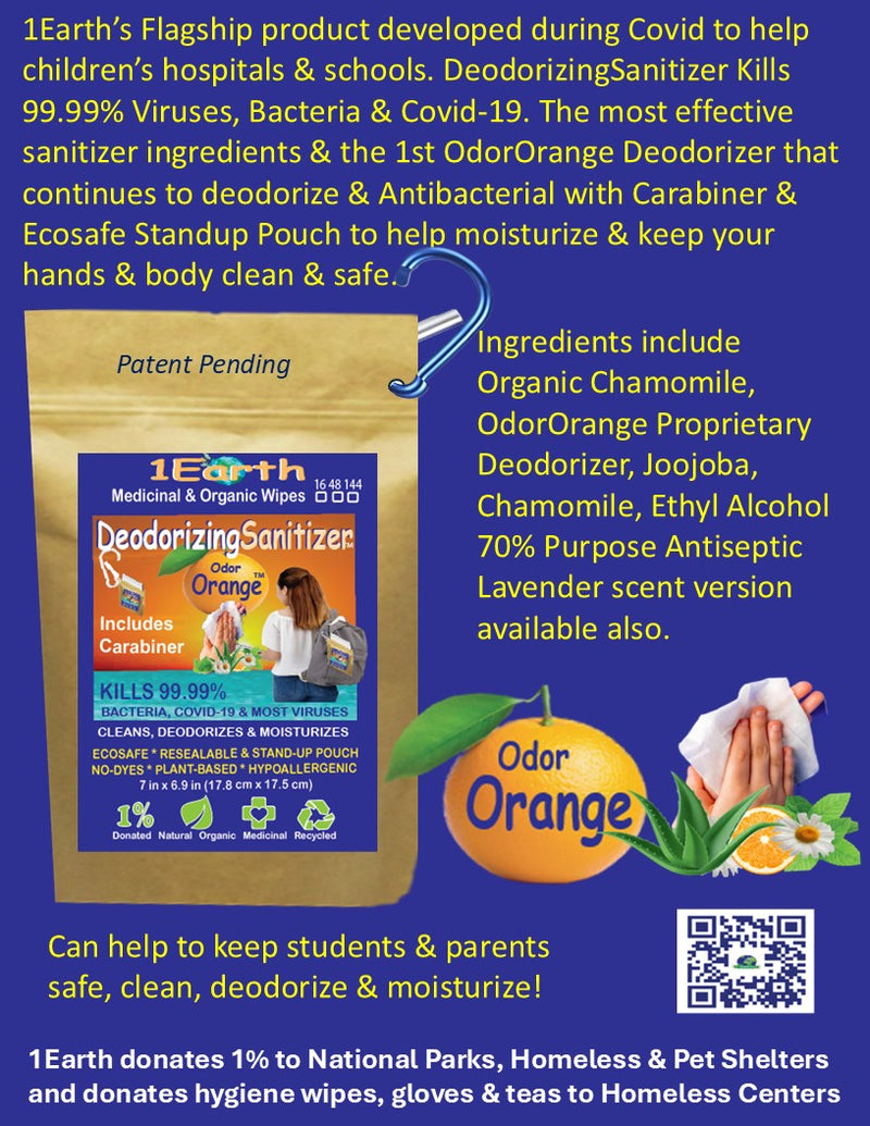 Medicinal Wipes with Carabiner, DeodorizingSanitizer, 1Earth, Case of 6 Packs of 16 Wipes and Carabiner (96 Wipes and 6 Carabiners)