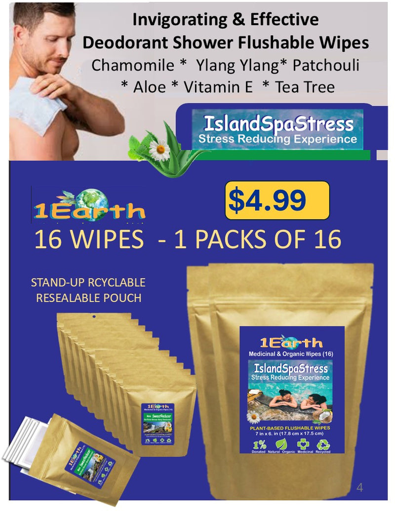 Medicinal Wipes, IslandSpaStress, 1Earth, Case of 6 Packs of 16 (96 Wipes)
