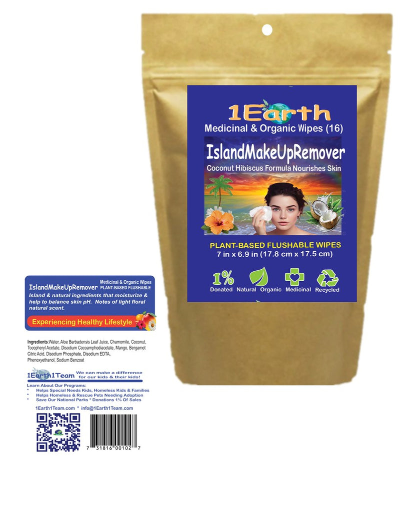 Medicinal Wipes, IslandMakeUpRemover, 1Earth, Pack of 16