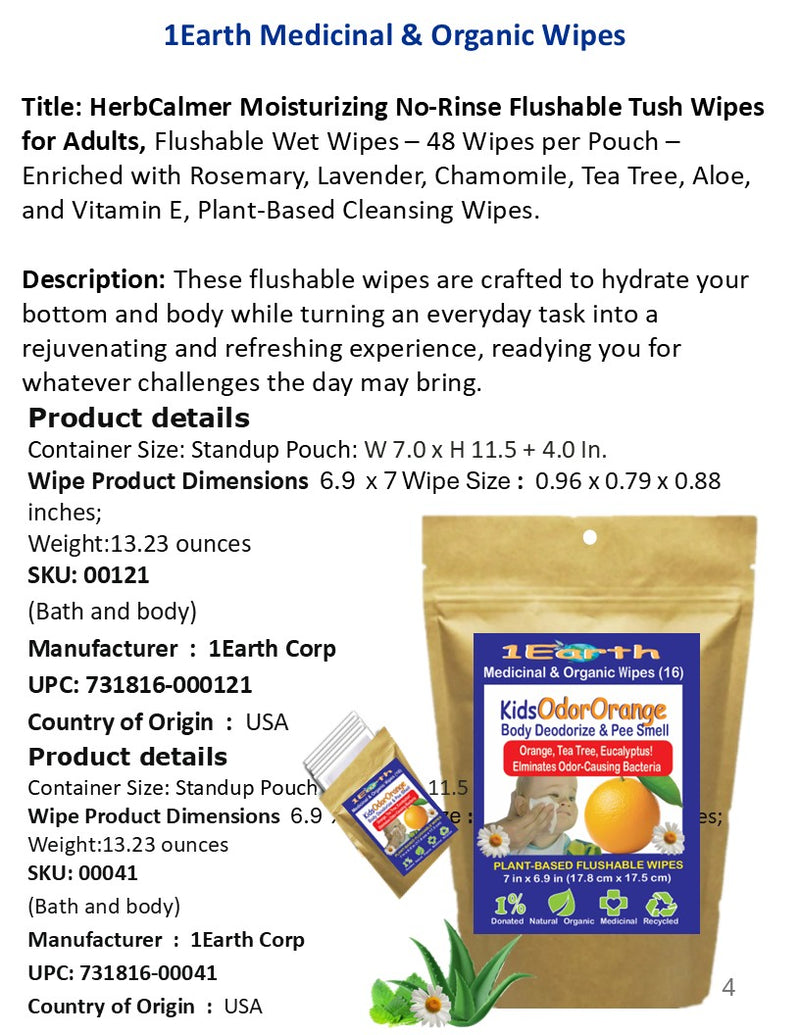 Medicinal Wipes, KidsOdorOrange, 1Earth, Pack of 16