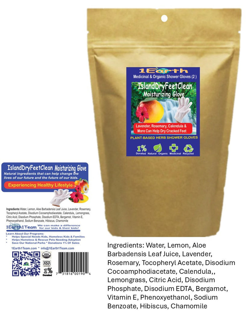 Medicinal Wipe Gloves, IslandDryFeetClean, 1Earth, Case of 6 Packs of 2 (12 Wipe Gloves)