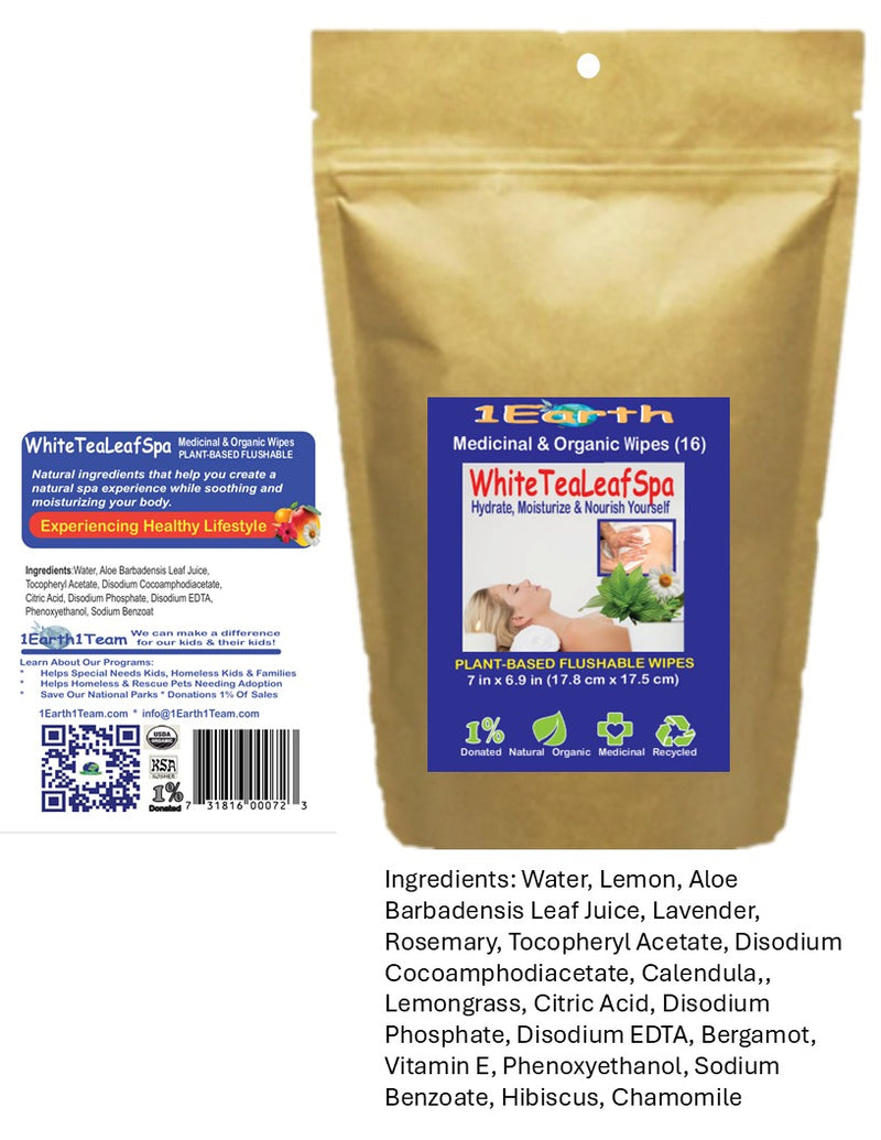 Medicinal Wipes, WhiteTeaLeafSpa, 1Earth, Case of 6 Packs of 16 (96 Wipes)