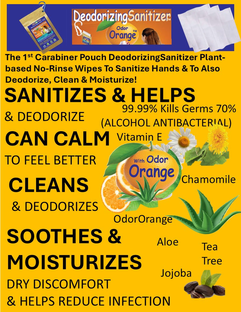 Medicinal Wipes with Carabiner, DeodorizingSanitizer, 1Earth, Case of 6 Packs of 16 Wipes and Carabiner (96 Wipes and 6 Carabiners)