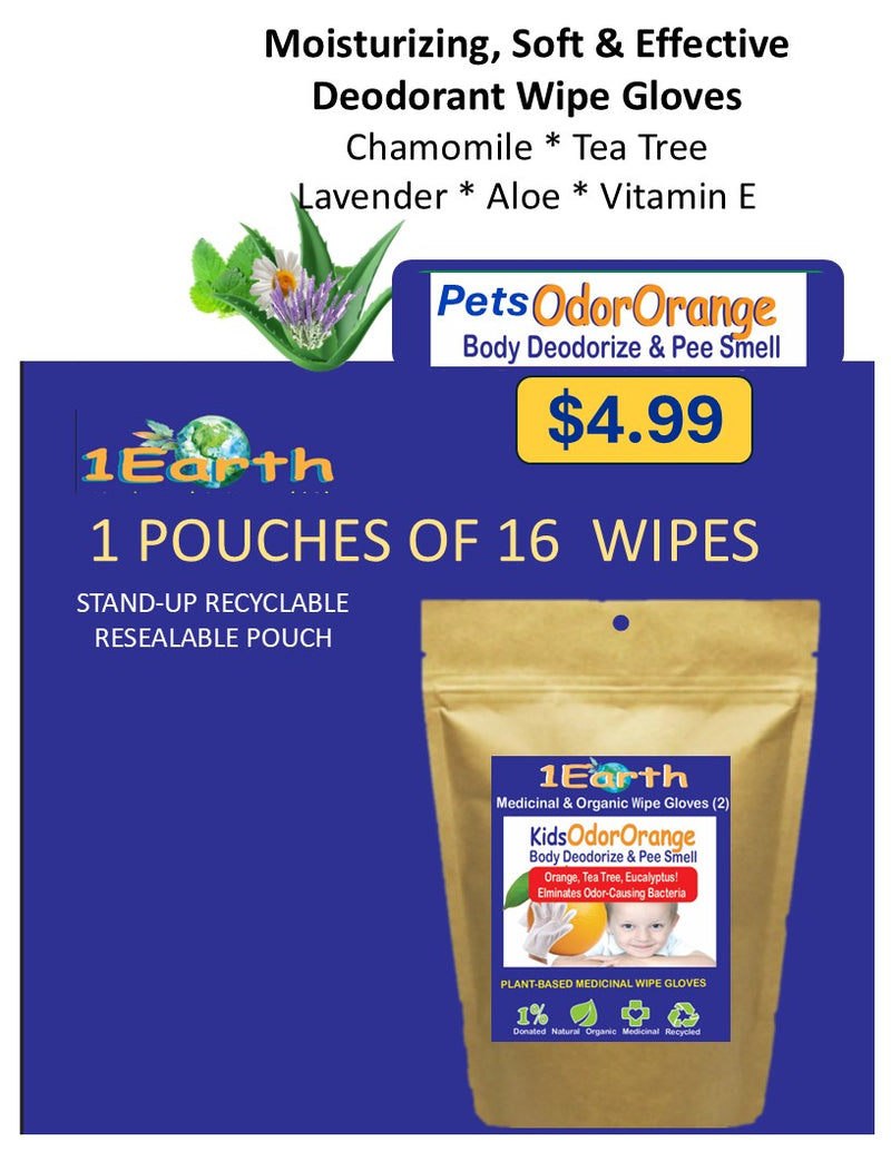 Medicinal Wipes, PetsOdorOrange, 1Earth, Pack of 16