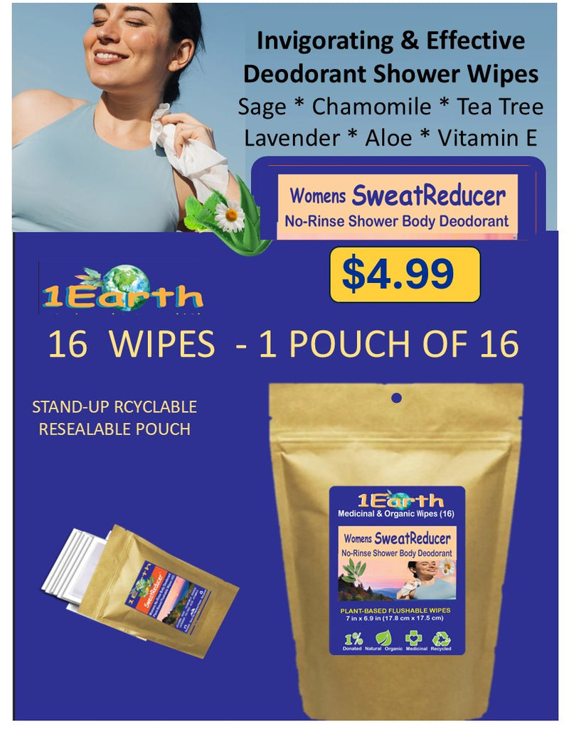 Medicinal Wipes, Womens SweatReducer, 1Earth, Case of 6 Packs of 16 (96 Wipes)
