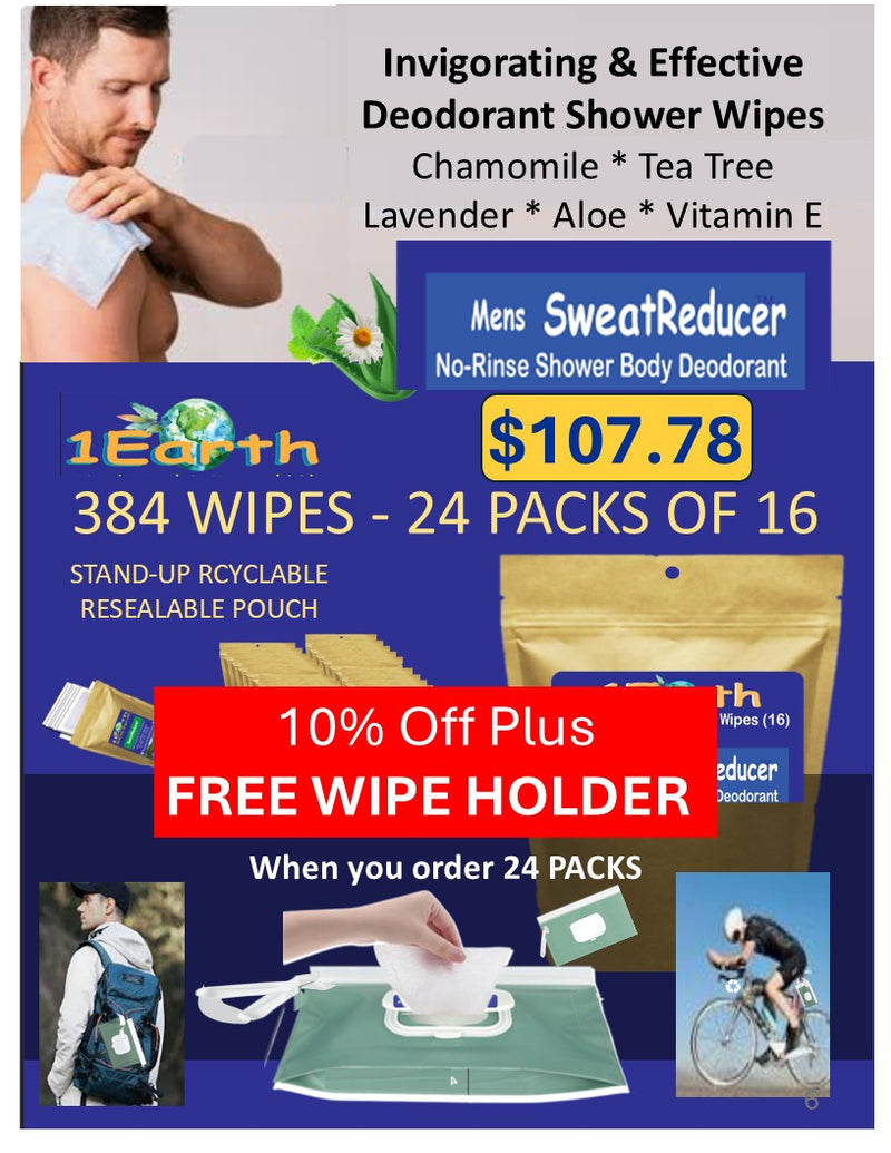 Medicinal Wipes, Mens SweatReducer, 1Earth, Case of 6 Packs of 16 (96 Wipes)