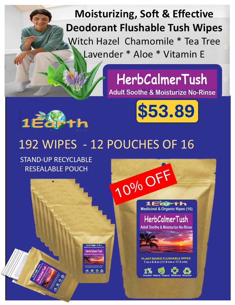 Medicinal Wipes, HerbCalmerTush, 1Earth, Pack of 16