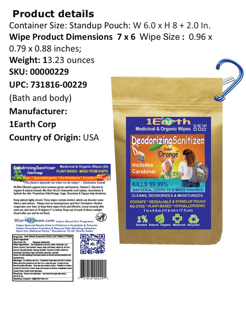Medicinal Wipes with Carabiner, DeodorizingSanitizer, 1Earth, Case of 6 Packs of 16 Wipes and Carabiner (96 Wipes and 6 Carabiners)